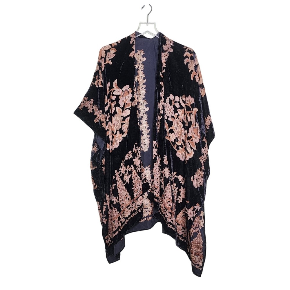 Black‎ Velvet Floral Kimono Jacket Cardigan Boho Festival Whimsigoth One Size